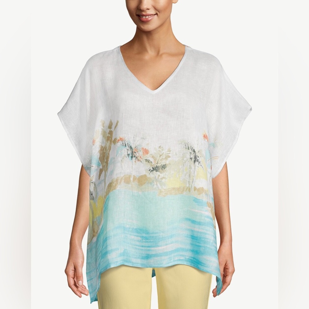 Chico’s Island Print 100% Linen Poncho Size S/M.